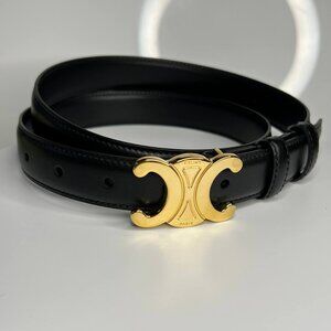 Authentic CELINE Women's Black Calfskin Leather Belt Gold Buckle 80cm
